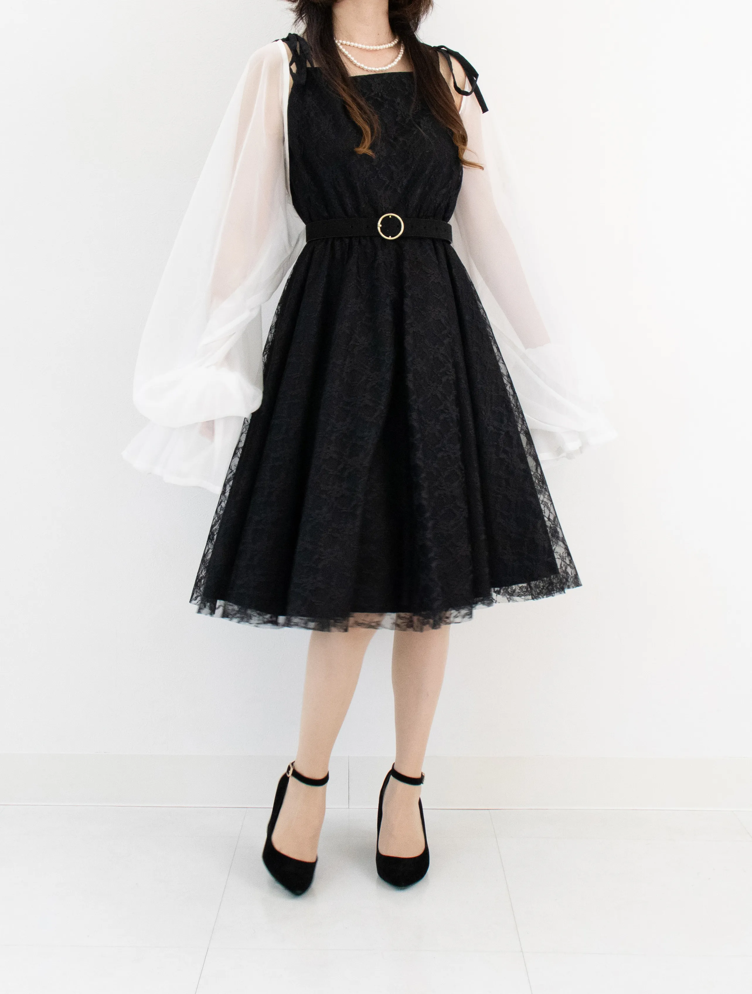 バックレースアップ総レースフィッシュテールワンピース　黒